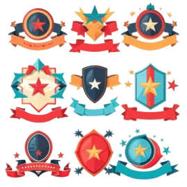a set of badges and ribbons