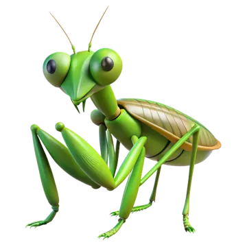 a green praying mantis on white background