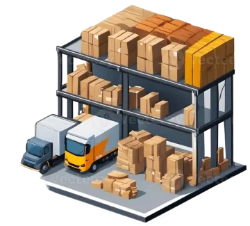 an illustration of a warehouse with boxes and trucks