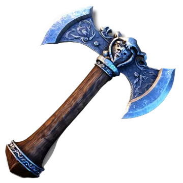 a blue and white axe with a wooden handle