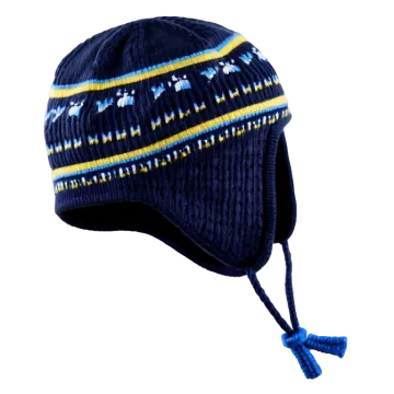a knitted hat with blue and yellow stripes