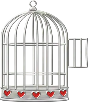 a bird in a cage with hearts on it