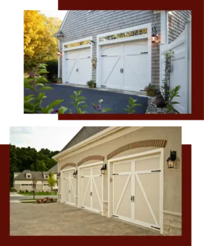 two pictures of a garage with the doors open