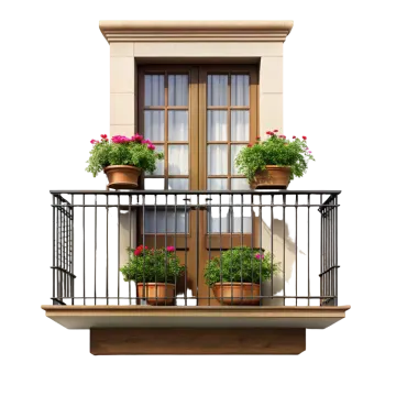 a balcony with pots of flowers on the balcony