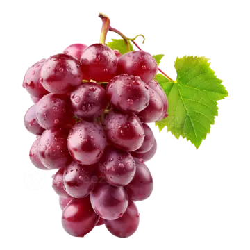 a bunch of red grapes with green leaves