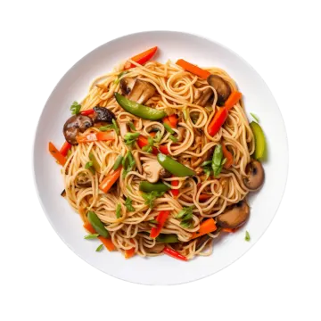 a plate of noodles with vegetables and mushrooms