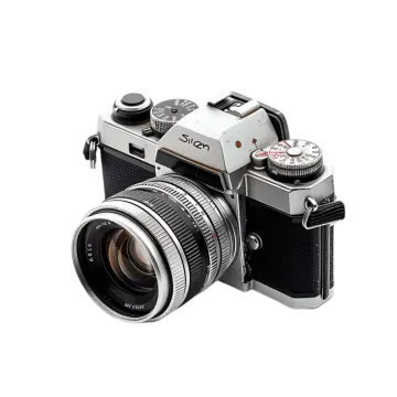 a silver camera on a white background