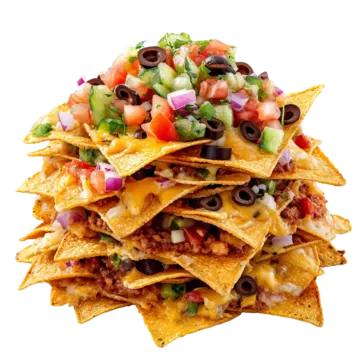a stack of torta nachos topped with cheese, black beans and tomatoes