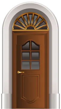 a brown door with a window in the middle