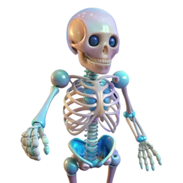 a cartoon skeleton with blue eyes and arms