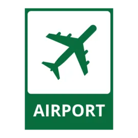 a green airport sign with an airplane on it