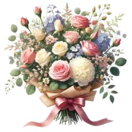 a bouquet of pink, white and blue flowers