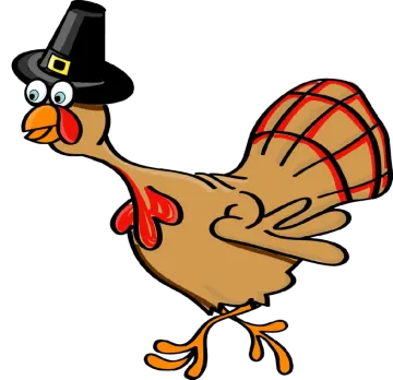 a cartoon turkey wearing a pilgrim hat
