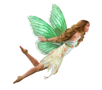a woman dressed as a fairy flying through the air