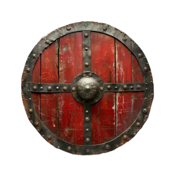 a close up of a red and black wooden shield