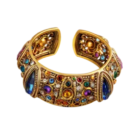 a gold cuff with multi colored stones