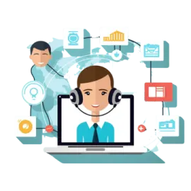a person on a laptop with various icons around them