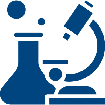 a blue and white icon of a microscope