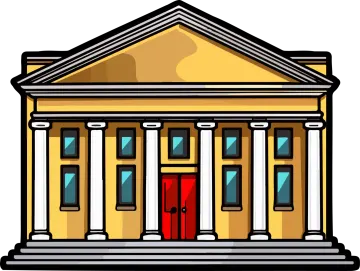 a building with columns and a red door