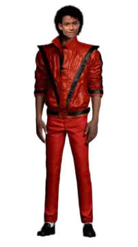 a man in a red leather jacket and black pants