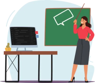 a woman standing in front of a blackboard