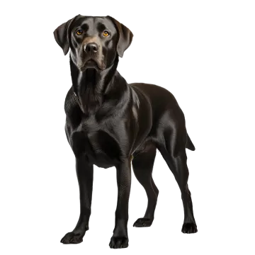 a black dog standing in front of a white background