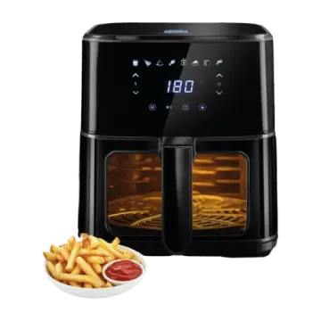 a black air fryer with fries and french fries