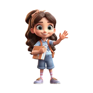 a little girl with long brown hair, wearing a backpack and holding a book