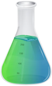 a beakle filled with blue and green liquid