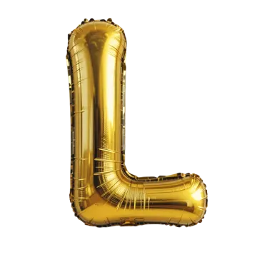 a gold foil balloon shaped like the letter l