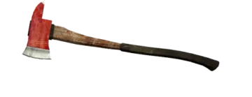 an axe with a red handle on it