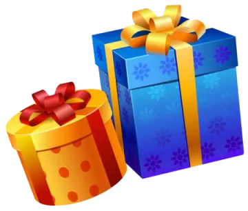 a blue gift box with a yellow ribbon and a red bow