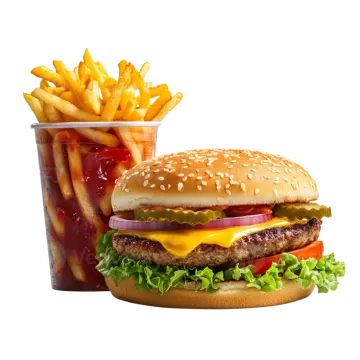 a hamburger and french fries on a white background