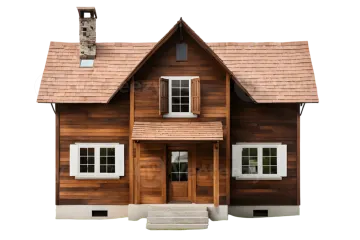 a model of a wooden house on a white background