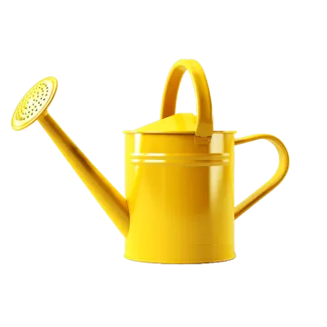 A yellow watering with a metal handle
