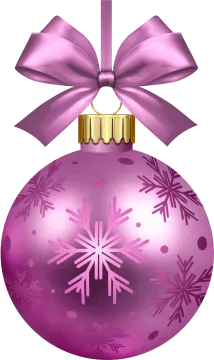 a pink christmas orname with a bow and snowfl