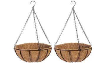 a pair of hanging baskets with chains