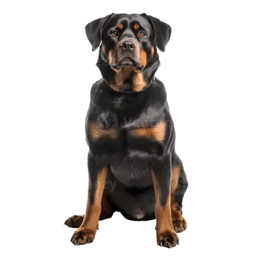 a black and brown dog sitting on a white background