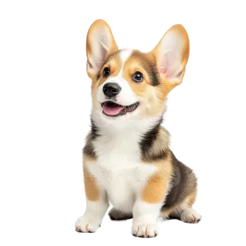 a pembroke corgy puppy sitting in front of white background