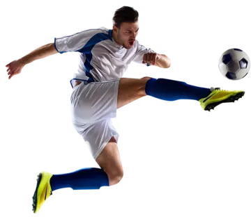 a man kicking a soccer ball on a white background