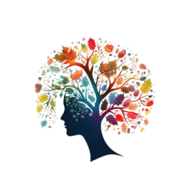 a woman's head with colorful leaves coming out of it