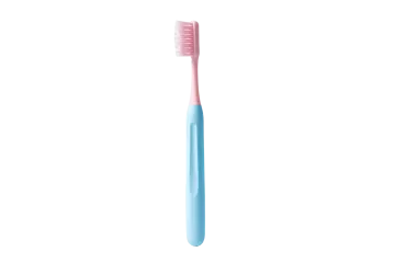 a pink and blue toothbrush on a white background