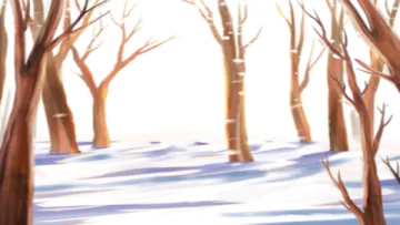 a painting of trees in the snow