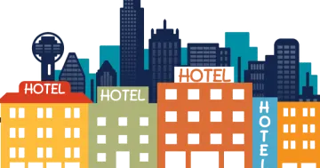 a city skyline with the words hotel on it