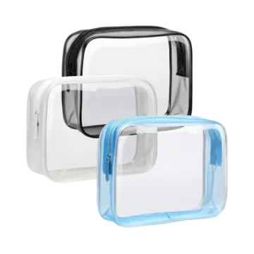 a set of three clear, black and blue storage bags