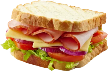 a sandwich with ham, cheese, tomato and lete on a white background