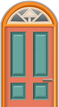 a red door with two windows