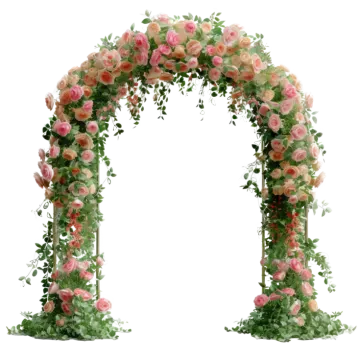 a floral arch with pink roses and greene