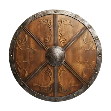 a wooden shield with metal decorations on it