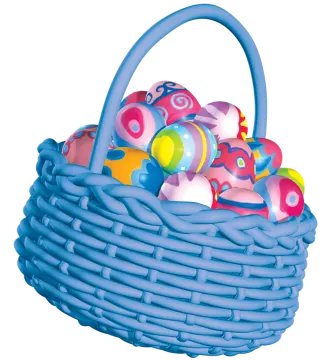 a blue basket filled with easter eggs